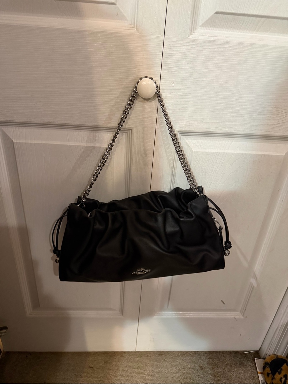 Coach Black Ruched Leather Shoulder Bag with Silver Chain
